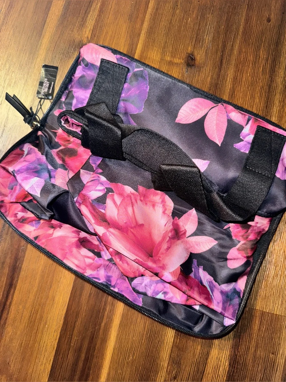 NWT Victoria's Secret Black Pink Purple Floral Packable Travel Tote Bag & Pouch